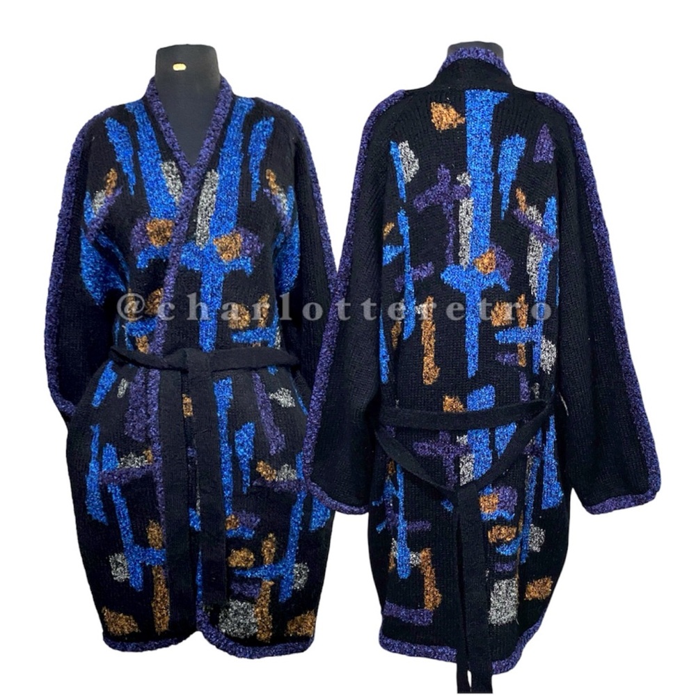 vtg Cervelle • Abstract Chunky Knit Cardigan Sweater Coat w Pockets